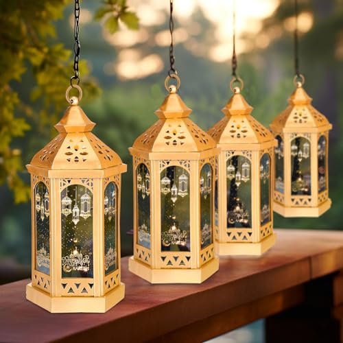 Glooglitter Large Ramadan Decorations for Home 11'' LED Eid Mubarak Candle Lantern Decorative Moon Star Hexagon Ramadan Lantern LED Vintage Metal Hanging Holder for Indoor Outdoor Tabletop Festival Party Decor - Image 4