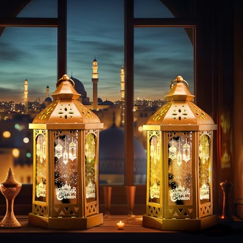 Glooglitter Large Ramadan Decorations for Home 11'' LED Eid Mubarak Candle Lantern Decorative Moon Star Hexagon Ramadan Lantern LED Vintage Metal Hanging Holder for Indoor Outdoor Tabletop Festival Party Decor - Image 5