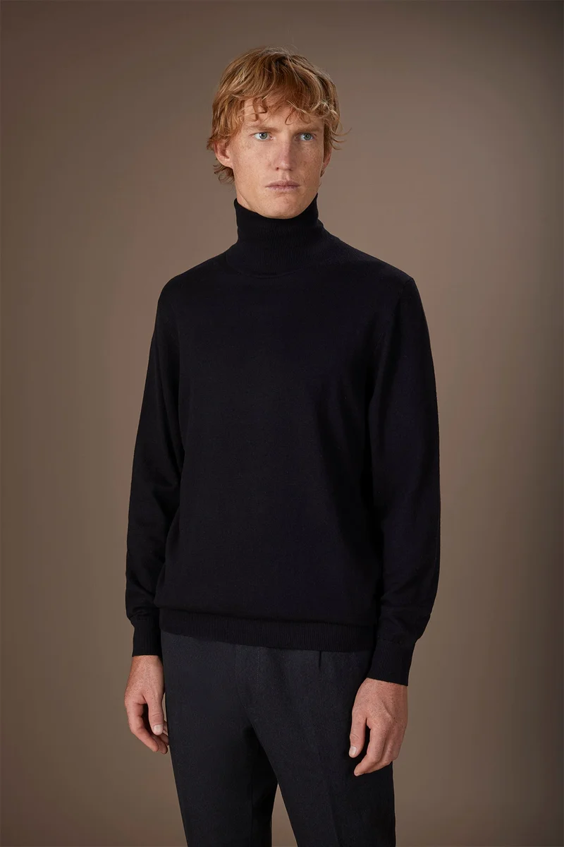 دوبل غانغر Men's regular fit high neck jumper in wool and cotton - Black