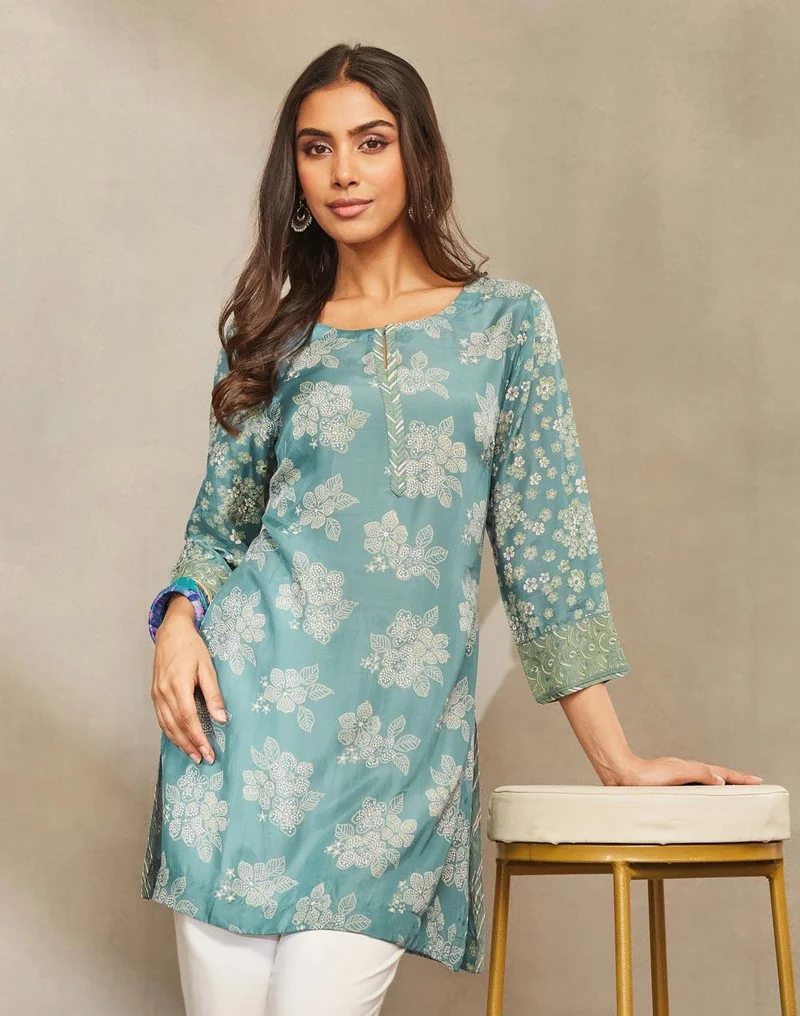 فاب انديا Turquoise Lyocell Hand Block Print Slim Fit Short Kurta