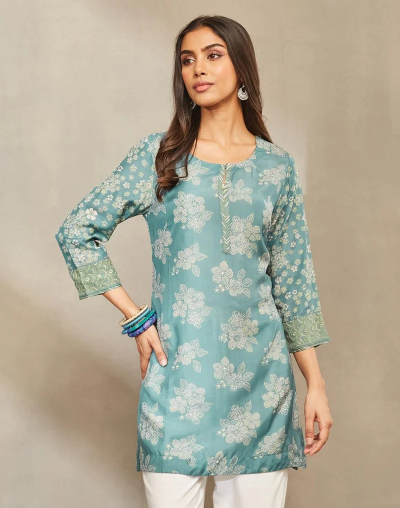 فاب انديا Turquoise Lyocell Hand Block Print Slim Fit Short Kurta