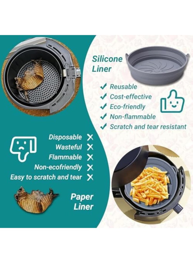 SYOSI Reusable Air Fryer Silicone Liners, Foldable Basket Inserts for Airfryer Accessories, Versatile Round Baking Trays for Microwave, Oven, and Air Fryer Cooking, Non-Stick and Easy Clean (Grey) - Image 5