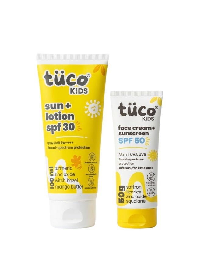 TuCo لوشن وكريم واقي من الشمس للأطفال من Tuco® (لوشن 100 مل + كريم 50 جم) | عبوة ثنائية | آمن للأطفال والرضع | حماية واسعة النطاق (UVA/UVB) بمعيار PA++++ | خالٍ من البنزوفينون-3 والأفوبنزون ​​| مناسب للأعمار 2-5 و5-10 و10-15 سنة | الوزن الإجمالي 150 جم | - Image 1