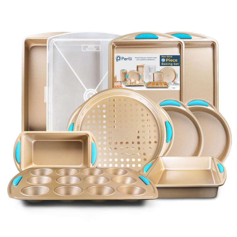 Perlli Baking Kit Nonstick Gold Steel Oven Set  10 Pieces Cookie Sheets Cake Pans 9x13Pan with Lid Loaf  Deep Pans Pizza Crisper Muffin Pan  Silicone Handles