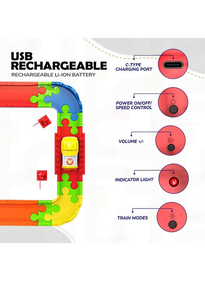 ميرانا مجموعة قطار لعبة بلوك رايدر مع تخطيط ملون ومتعدد المسارات، محرك USB من النوع C قابل لإعادة الشحن، أوضاع صوتية متنوعة - فاندي بهارات، راجداني، مترو دلهي، للأطفال من سن 2 إلى 8 سنوات (متوسط - 82 قطعة)  - Image 2