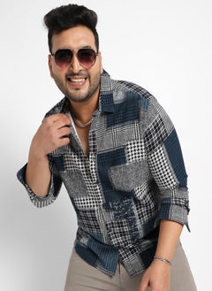 Instafab Plus Men's Navy Blue Herringbone Block Shirt  - Image 1