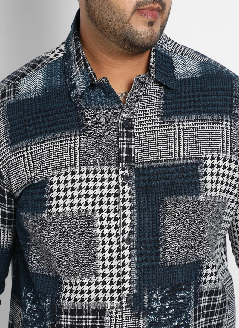 Instafab Plus Men's Navy Blue Herringbone Block Shirt