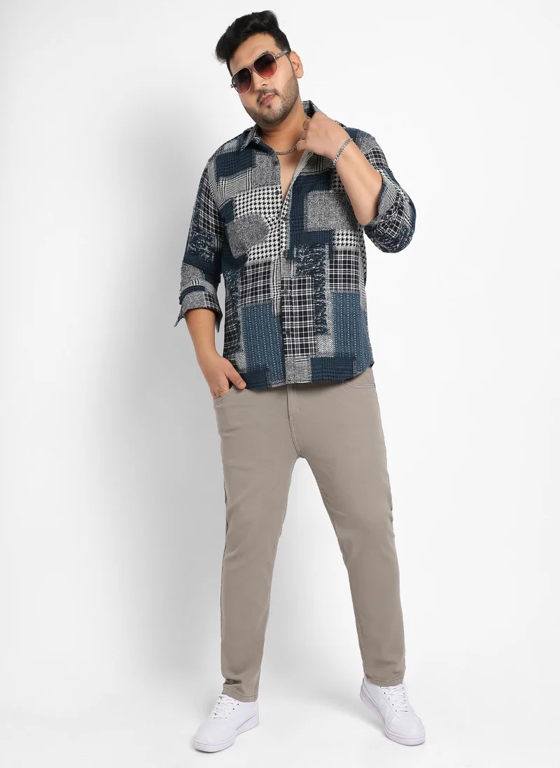 Instafab Plus Men's Navy Blue Herringbone Block Shirt