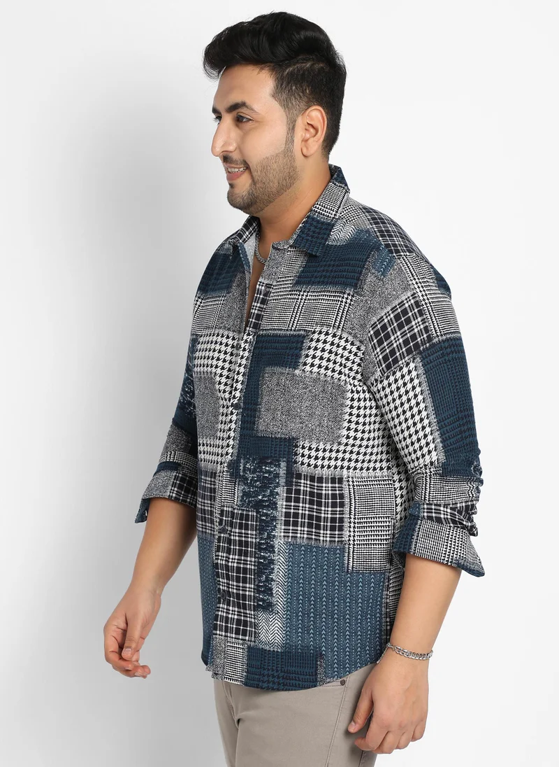 Instafab Plus Men's Navy Blue Herringbone Block Shirt
