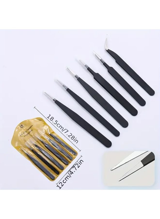 6pcs Black Metal Tweezers Set Precision Grip Tools for Electronics Repair DIY - Image 1
