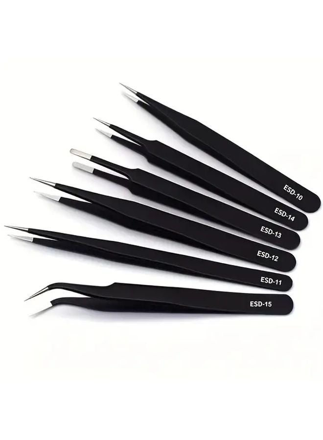 6pcs Black Metal Tweezers Set Precision Grip Tools for Electronics Repair DIY - Image 2