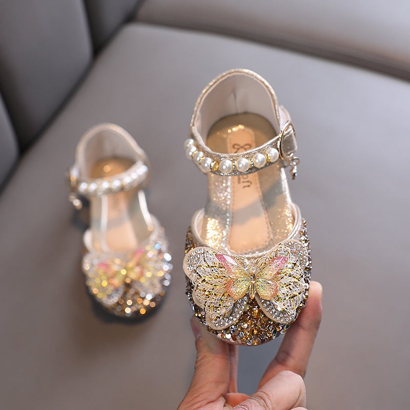 2025 Spring And Girls Princess Shoes Korean Style Rhinestone Girls Baotou Sandals Soft Sole Small Leather Shoes Supply - Image 1