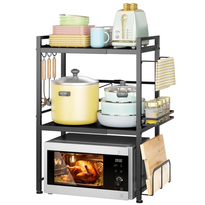 MICROWAVE OVEN RACK EXPANDABLE MICROWAVE STAND COUNTERTOP KITCHEN UTENSILS TABLEWARE STORAGE CARBON STEEL OVER MICROWAVE SHELF COUNTERTOP WITH 6 HOOKS