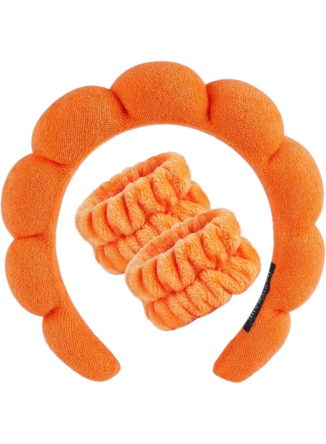 Premify Spa Sponge Headbands & 2 Wristbands Set For Women & Girls, Makeup Removal Headband & Terry Towel Cloth Fabric Hair Band For Washing Face, Skincare (Orange) - Image 1