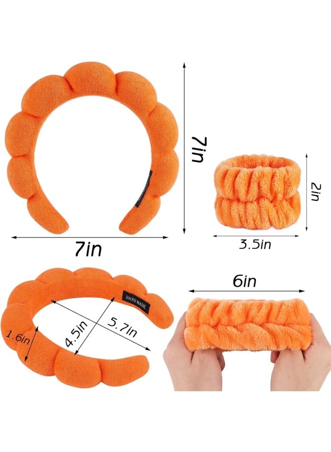 Premify Spa Sponge Headbands & 2 Wristbands Set For Women & Girls, Makeup Removal Headband & Terry Towel Cloth Fabric Hair Band For Washing Face, Skincare (Orange) - Image 2