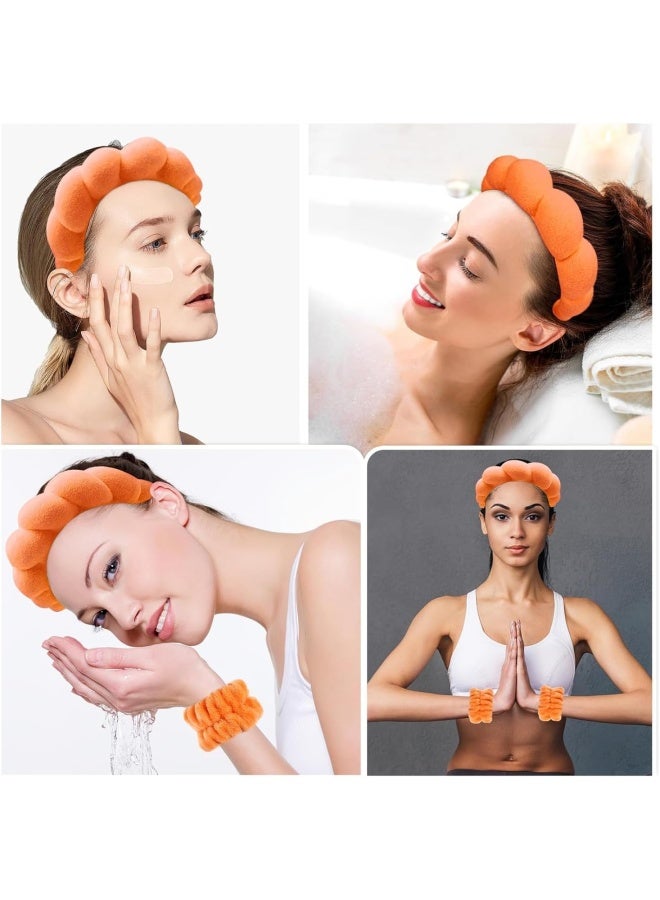 Premify Spa Sponge Headbands & 2 Wristbands Set For Women & Girls, Makeup Removal Headband & Terry Towel Cloth Fabric Hair Band For Washing Face, Skincare (Orange) - Image 5