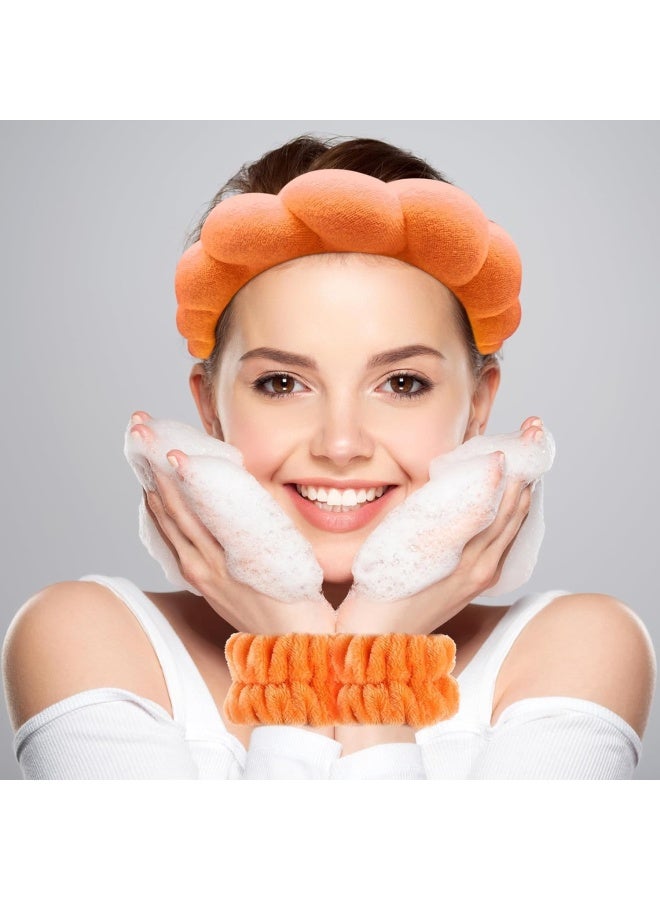 Premify Spa Sponge Headbands & 2 Wristbands Set For Women & Girls, Makeup Removal Headband & Terry Towel Cloth Fabric Hair Band For Washing Face, Skincare (Orange) - Image 3