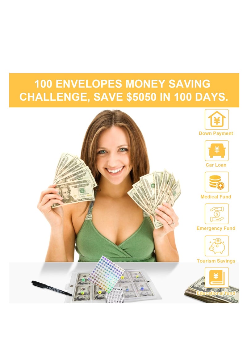 SYOSI 100 Envelopes Money Saving Challenge, 2023 New & Shiny 100 Envelope Challenge Binder, Easy and Funny Way to Save $5,050 Budget Planner, 100-Day Envelope Challenge Kit Money Saving Binder - Image 3