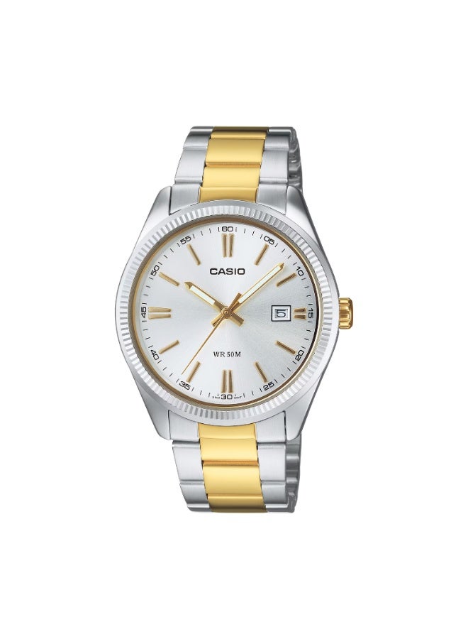 كاسيو ساعة كاسيو MTP‑1302PSG‑7AVEF تناظرية رجالية بقرص فضي بتشطيب شمسي، لمسات ذهبية، سوار ستانلس ستيل ثنائي اللون، مقاومة للماء حتى 50 متر - Image 1