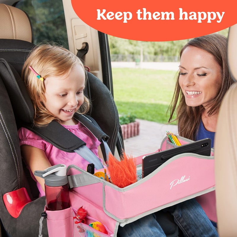PILLANI Kids Travel Tray for Car - Car Seat Tray for Kids Travel, Road Trip Must Haves, Car Trays for Kids Roadtrip Essentials, Carseat Table Tray for Kids Road Trip Activities - Toddler Lap Desk Pink - Image 2