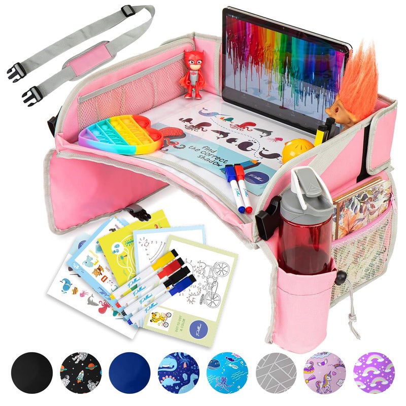 PILLANI Kids Travel Tray for Car - Car Seat Tray for Kids Travel, Road Trip Must Haves, Car Trays for Kids Roadtrip Essentials, Carseat Table Tray for Kids Road Trip Activities - Toddler Lap Desk Pink - Image 1