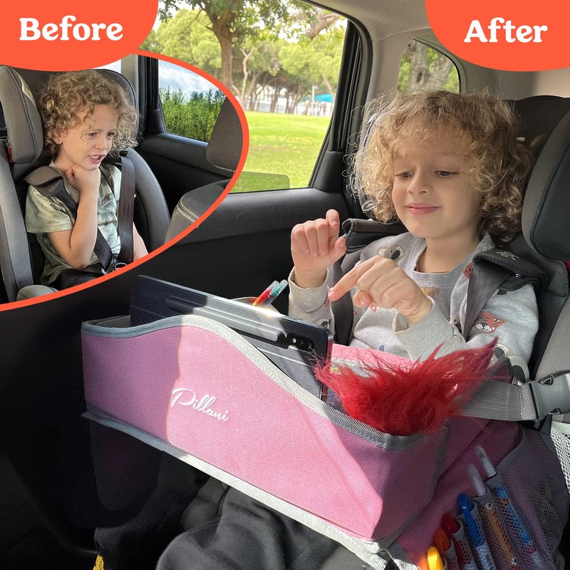 PILLANI Kids Travel Tray for Car - Car Seat Tray for Kids Travel, Road Trip Must Haves, Car Trays for Kids Roadtrip Essentials, Carseat Table Tray for Kids Road Trip Activities - Toddler Lap Desk Pink - Image 3