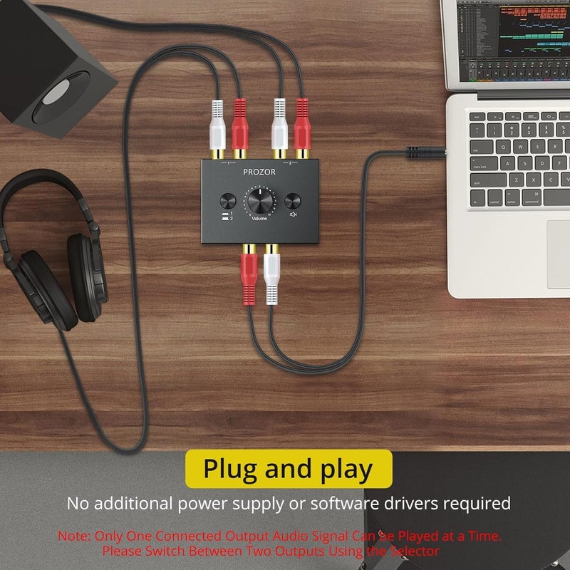 PROZOR 3.5mm & RCA Bi-Directional Audio Switch, 2-in-1-Out / 1-in-2-Out Passive Splitter with Volume Knob & Mute Button, Stereo L/R Audio Switcher Selector Box for Headphones, Amplifiers, Speakers - Image 4
