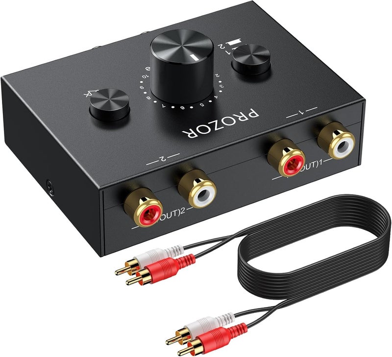 PROZOR 3.5mm & RCA Bi-Directional Audio Switch, 2-in-1-Out / 1-in-2-Out Passive Splitter with Volume Knob & Mute Button, Stereo L/R Audio Switcher Selector Box for Headphones, Amplifiers, Speakers - Image 1