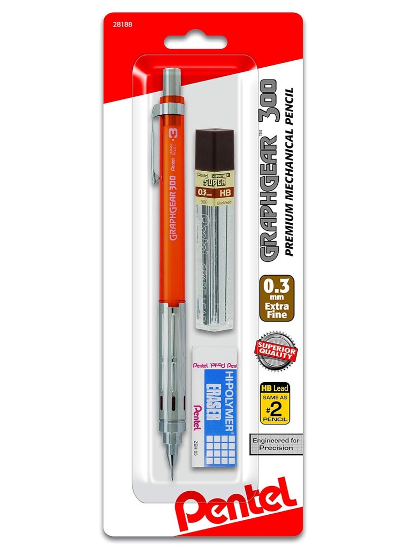 Pentel Arts GraphGear 300 Mechanical Pencil, (0.3mm) Extra-fine line, Orange Barrel, w/small block eraser + 1 lead tube