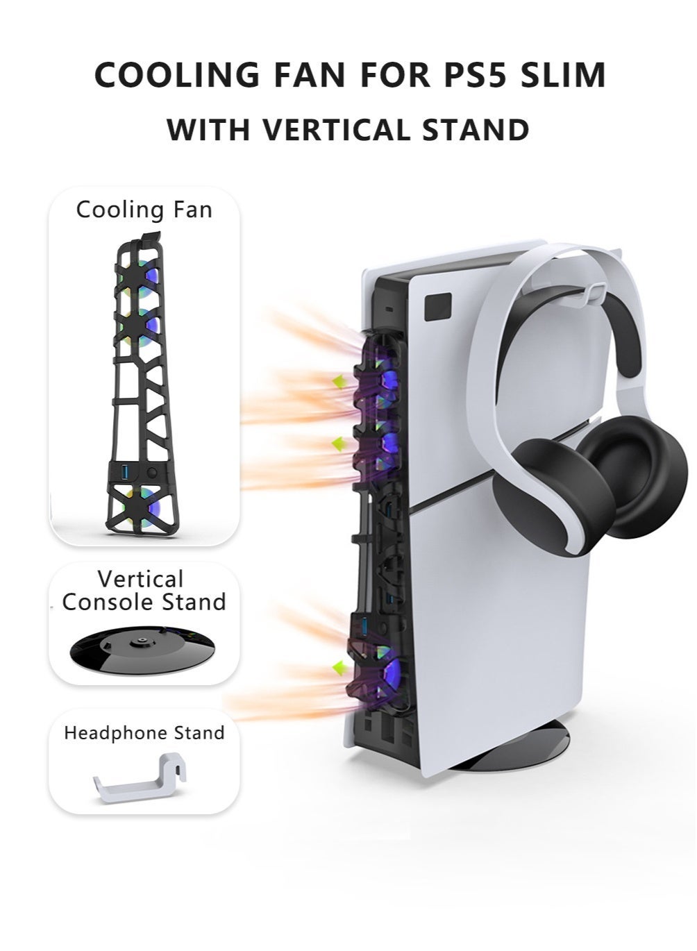 DOBE Cooling Fan for PS5 Slim,PS5 Slim PS5 Stand, Vertical Console Stand with Cooling Fan & Headphone Hanger,design for Playstation 5