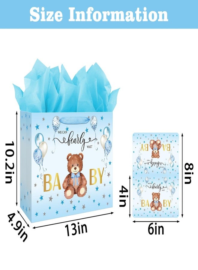 Laidans 13" Large Baby Shower Birthday Gift Bag for Boy with Tissue Papers and Card Blue Balloons Bear Design with Handles (Blue) - Image 2