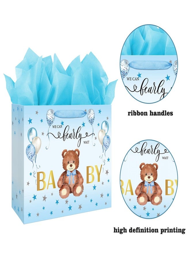 Laidans 13" Large Baby Shower Birthday Gift Bag for Boy with Tissue Papers and Card Blue Balloons Bear Design with Handles (Blue) - Image 3