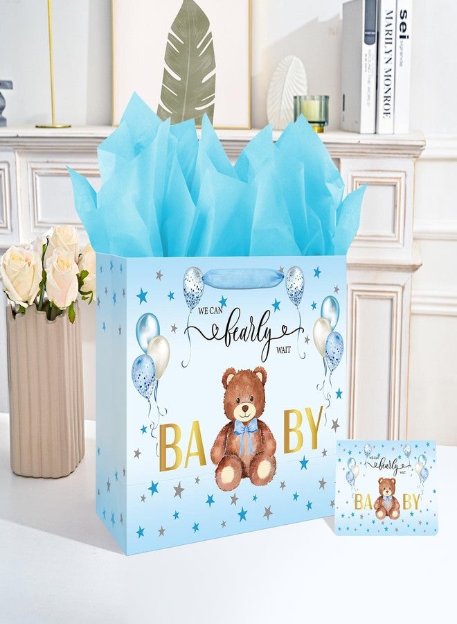 Laidans 13" Large Baby Shower Birthday Gift Bag for Boy with Tissue Papers and Card Blue Balloons Bear Design with Handles (Blue) - Image 5