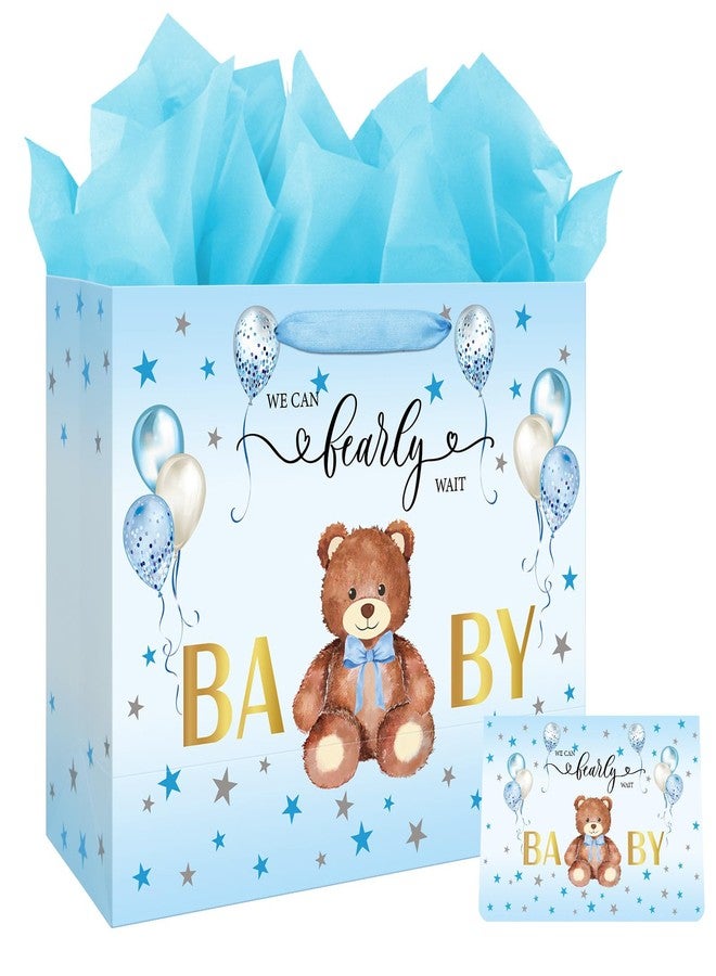 Laidans 13" Large Baby Shower Birthday Gift Bag for Boy with Tissue Papers and Card Blue Balloons Bear Design with Handles (Blue) - Image 1