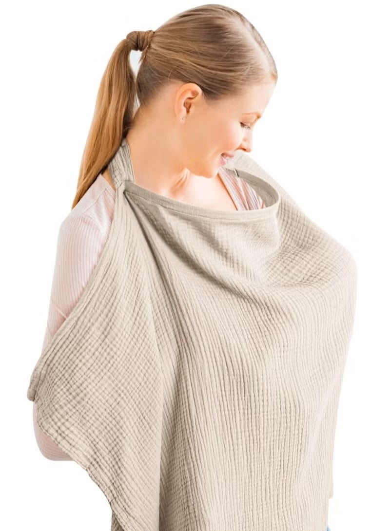 Muslin Nursing Cover for Baby Breastfeeding Breathable 100% Cotton Breastfeeding Cover with Rigid Hoop for Mother Nursing Apron Multi-use Carseat Canopy Khaki - Image 1