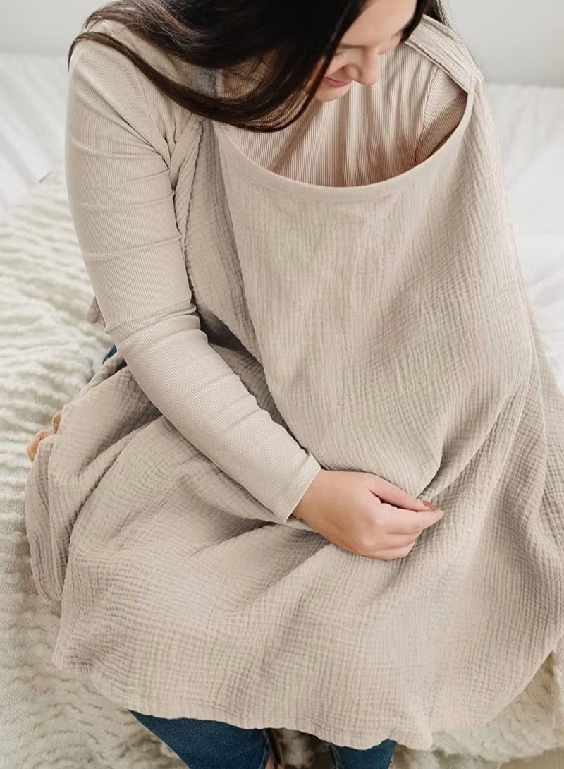 Muslin Nursing Cover for Baby Breastfeeding Breathable 100% Cotton Breastfeeding Cover with Rigid Hoop for Mother Nursing Apron Multi-use Carseat Canopy Khaki - Image 3
