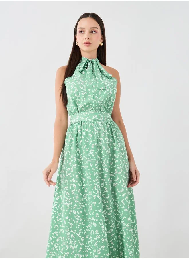 تايك تو Take Two Printed Sleeveless Midi Dress with Tie-Up Neck