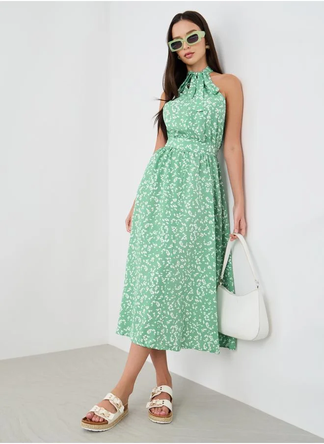 تايك تو Take Two Printed Sleeveless Midi Dress with Tie-Up Neck