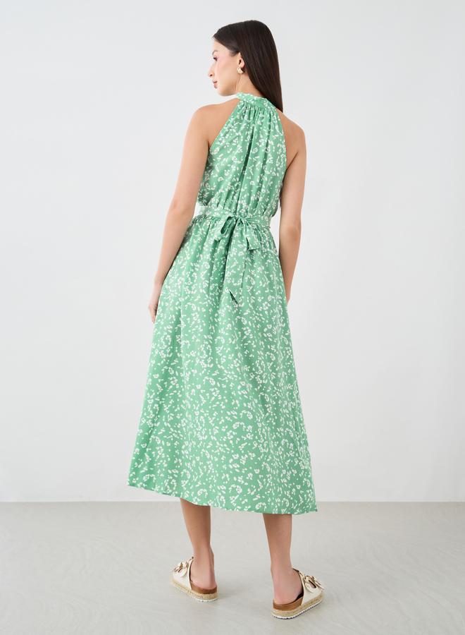 Take Two Printed Sleeveless Midi Dress with Tie-Up Neck - Image 4