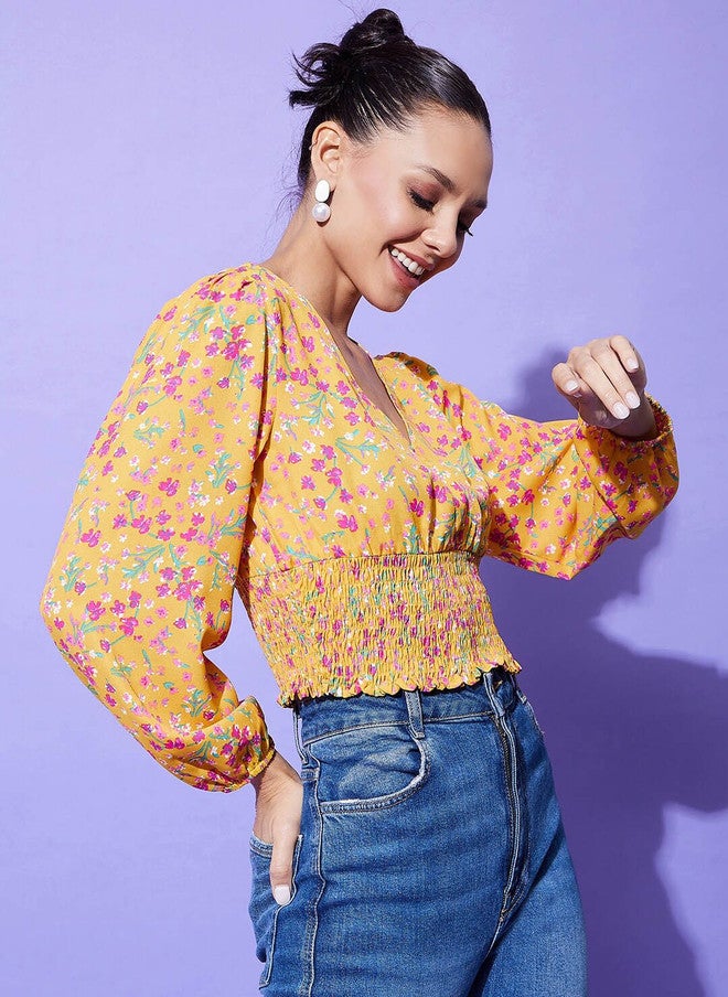 StyleStone بلوزة كروبتوب مزخرفة بأزهار من ستايل ستون بتصميم V-رقبة - Image 3