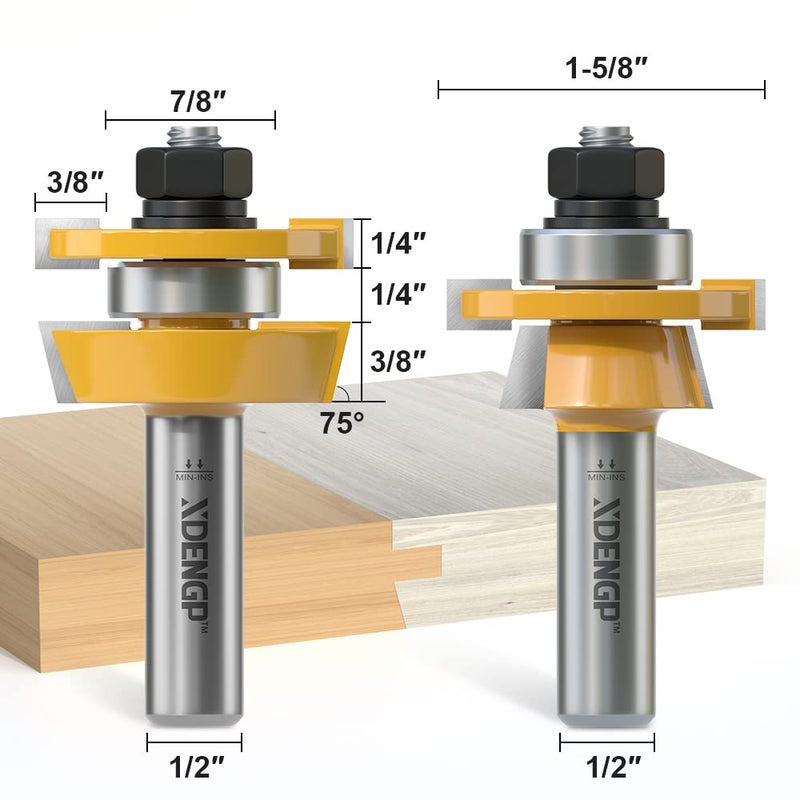 XDENGP 2PCS Shaker Style Rail and Stile Router Bits Set 1/2 Inch Shank, 3/8 Inch Cutting Depth, Up to 7/8 Inch Stock, Kitchen Cabinet Door Frame Shaper Cutters Raise Panel Making Router Bit Set - Image 2