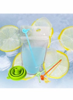 Y&D 50 Pcs Drink Pouches with Straws Stand Up Hand Held Translucent Reclosable Heat Proof Plastic Zipper Juice Bags - 9.06" x 5.12"/17 Oz  - Image 4