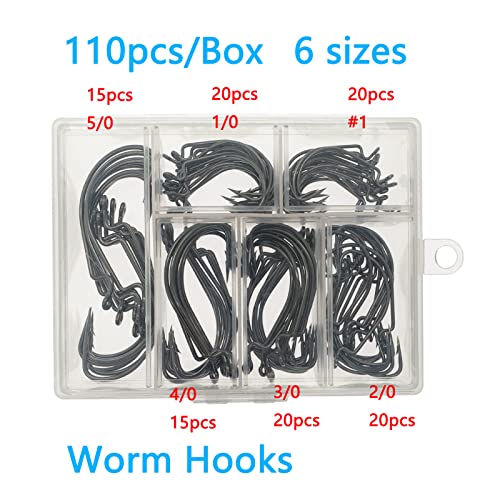 Afmivs Worm Hooks for Bass Fishing Hooks, 110pcs Bass Hooks Fishing, 6 Sizes Fishing Hooks Freshwater, Eagle Claw Hooks #1 1/0 2/0 3/0 4/0 5/0 Black High Carbon Steel with Portable Plastic Box - Image 2