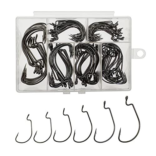 Afmivs Worm Hooks for Bass Fishing Hooks, 110pcs Bass Hooks Fishing, 6 Sizes Fishing Hooks Freshwater, Eagle Claw Hooks #1 1/0 2/0 3/0 4/0 5/0 Black High Carbon Steel with Portable Plastic Box - Image 1