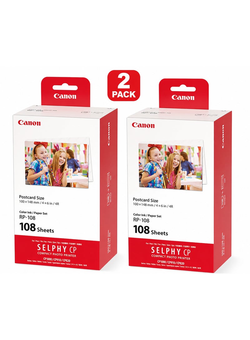 Canon 2 Pices SELPHY Compact Photo Printer Postcard Size Color Ink/Paper Set RP-108 Multicolour - Image 1