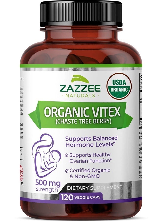 Zazzee USDA Organic Vitex, 500 mg Strength, 120 Vegan Capsules, 4 Month Supply, Standardized and Concentrated 4X Extract, Whole USDA Certified Organic Chaste Berry, All-Natural and Non-GMO - Image 1