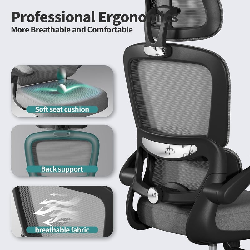 TRALT Office Chair Ergonomic Desk Chair, 330 LBS Home Mesh Office Desk Chairs with Wheels, Comfortable Gaming Chair, High Back Office Chair for Long Hours (Dark Grey) - Image 3