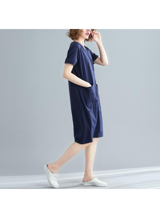 Large Size Women's Clothing Summer Loose Korean Style Mid-length T-shirt Skirt Plump Girl Solid Color V-neck Slim Look Short-sleeved Dress