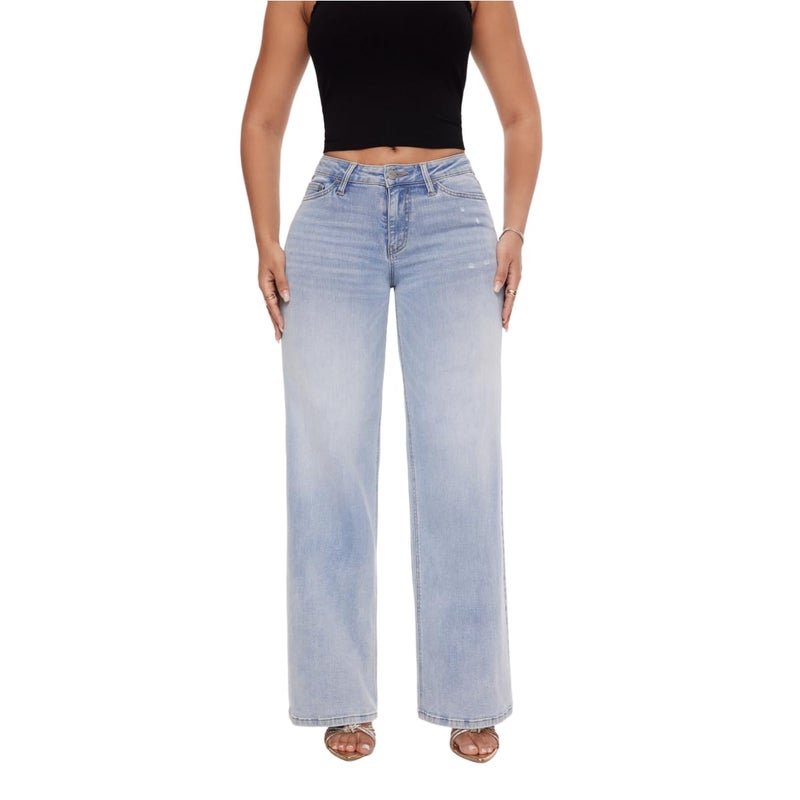 ONESO Mid-Low Rise Baggy Jeans Wide Leg for Women Distressed Pants Stretchy Bottom Lady Basic Comfortable Denim - Image 1