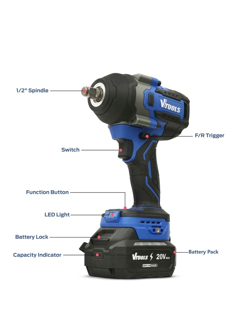 VTOOLS 20V Cordless Brushless Impact Wrench with 4.0Ah Battery and Charger - Image 2